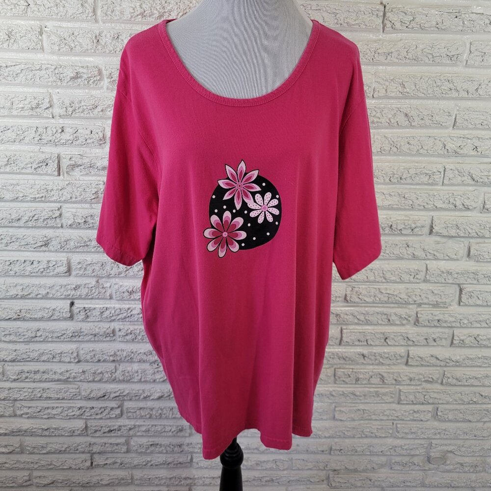 Dreams Co Women's 1X Pink Floral Tunic T-Shirt 100% Cotton Short Sleeve PIN57E